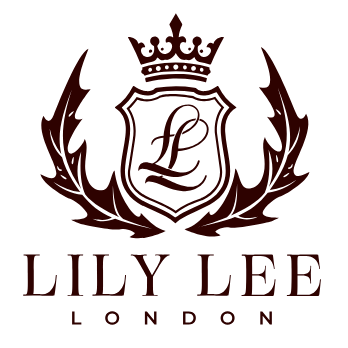 A centered dark brown logo on a plain white background, featuring a crown, shield with an 'L', thistles, and the text 'LILY LEE LONDON'.